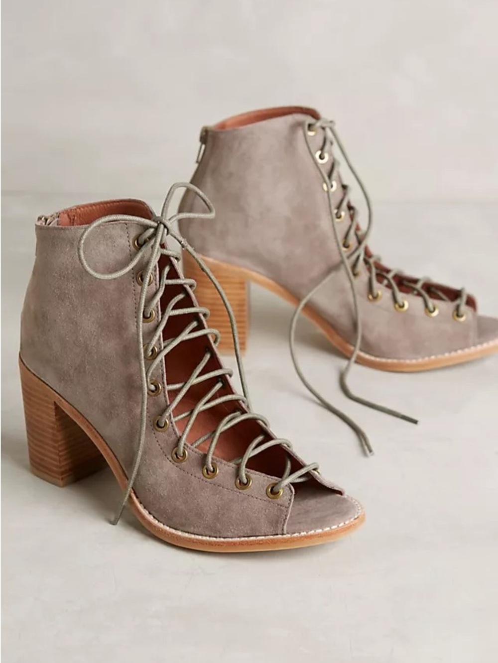 Jeffrey Campbell Taupe Suede Lace-Up Open-Toe Block Heel Booties